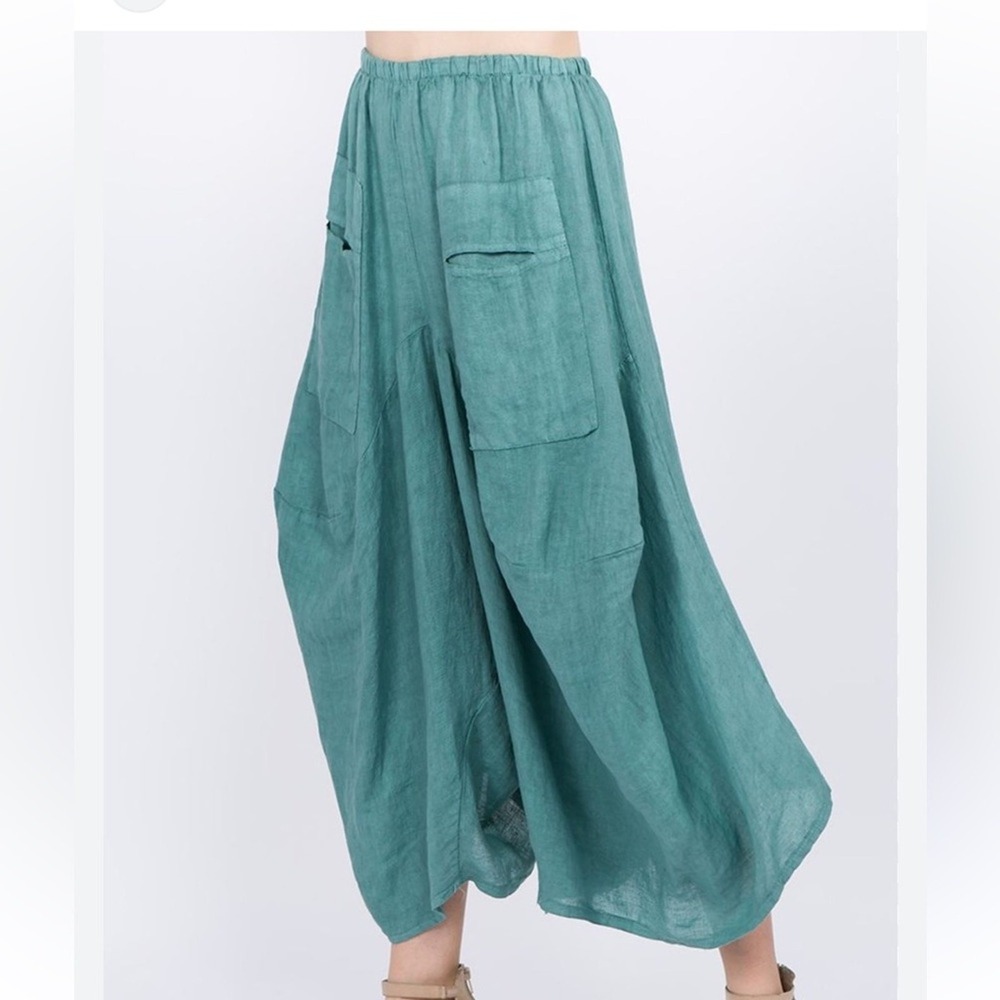 Teal Asymmetrical Linen Maxi Skirt with Patch Pockets